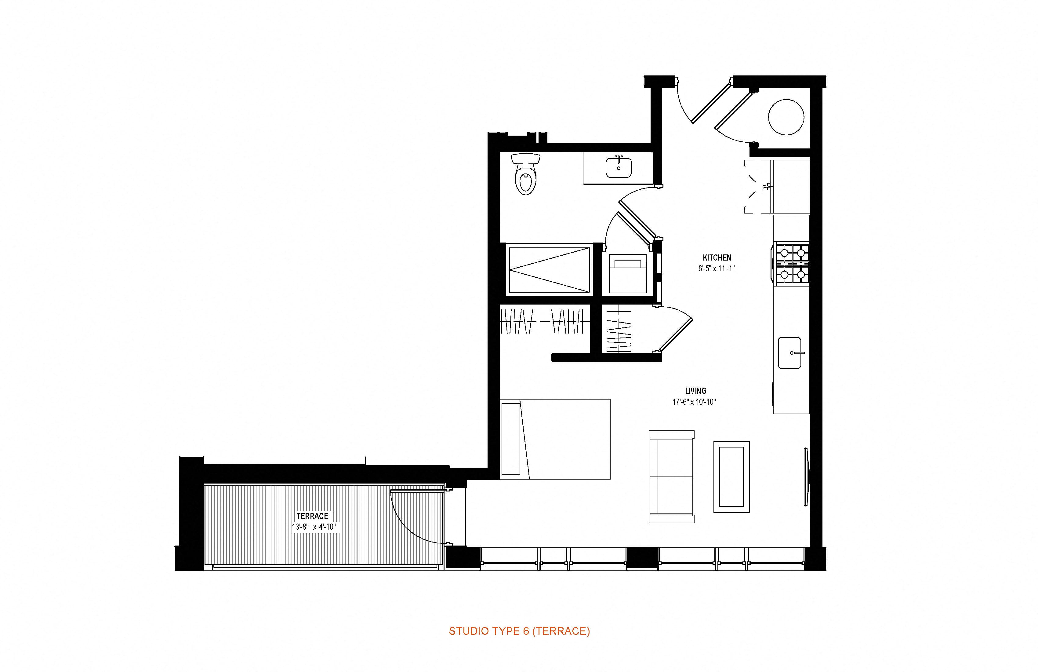 Floor plan for studio, 1 bath, 483 sqft